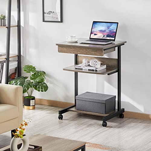 Yaheetech Tiny Mobile Computer Desk,3-Tier Rolling Cart Drawer,Taupe Wood - color: Taupe Wood
