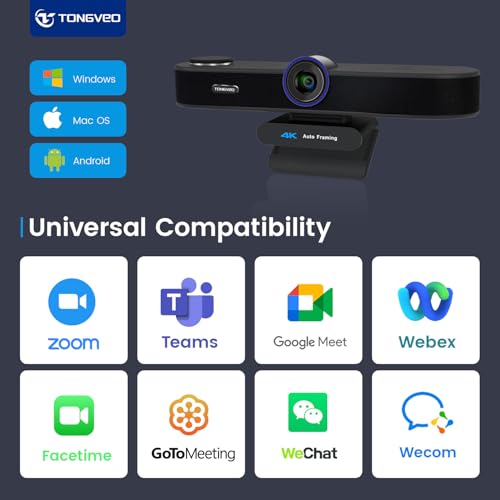 TONGVEO 3-in-1 4K Webcam with Microphones and Speaker, AI Auto-Tracking 5X Digital Zoom Webcam 4K Adjustable Field of View Remote Control Works with Microsoft Teams, Zoom, Google Meet, PC Mac Laptop