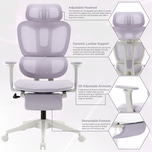 Ergonomic Office Chair with Retractable Footrest, Purple | High Back Design, Dynamic Lumbar Support, 2D Headrest & 2D Armrests, Breathable Mesh Back for Home Office - color: Purple