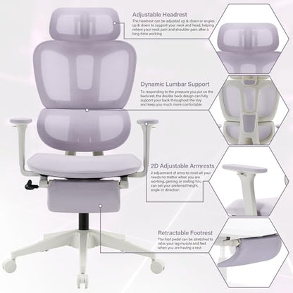 Ergonomic Office Chair with Retractable Footrest, Purple | High Back Design, Dynamic Lumbar Support, 2D Headrest & 2D Armrests, Breathable Mesh Back for Home Office - color: Purple