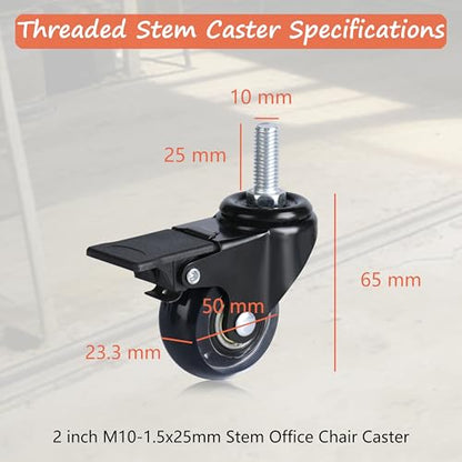 YOOGAA Office Chair Caster Wheels Stem Threaded Casters M10-1.5x25mm No Noise Swivel Castors Set of 4 (2 inch Caster with Brake) - style: 2 inch Caster with Brake