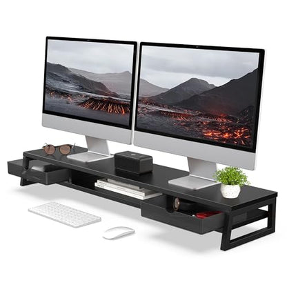 Fenge Dual Monitor Stand Riser, 42.5in Desk Shelf with 2 Drawers, Black - color: Black