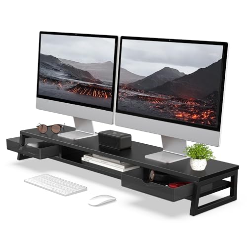 Fenge Dual Monitor Stand Riser, 42.5in Desk Shelf with 2 Drawers, Black - color: Black