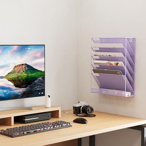 EasyPAG 5 Tier Wall File Holder, Mesh Hanging Folder Organizer with Classify Label, Versatile Desk File Holder, Vertical Wall Mounted Mail Organizer for Office Home Cubicle, Purple - color: Purple