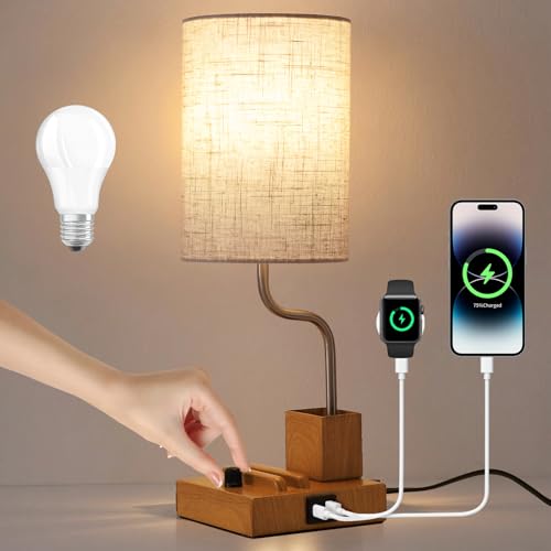 EOEYYOYB Vintage Table Lamps, Stepless Dimmable with AC Outlet, USB A & C Charging Port, Multifunctional Base Bedside Lamps for Living Room, Bedroom, Office Reading, Burlywood - color: Burlywood, size: 1 Set