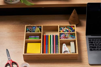 Umilife Bamboo Desk Drawer Organizer, Wood Junk Organizer Tray with Adjustable Dividers, Anti-Skip Storage Organization in Office Bathroom Drawer for Vanity, Makeup, 12" x 9" - size: 12"x9"