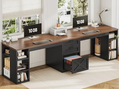 SEDETA Farmhouse 96.5" 2 Person Home Office Desk with Drawers | Gaming Desk with Storage, Double Computer Desk with Storage Drawers, Long Two Person Writing Desk, Black - color: Black