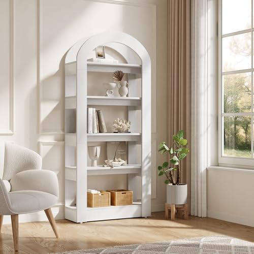 LITTLE TREE 5-Tier Bookshelf, Arch-Shaped Racks, Tall Standing Wooden Bookcase Display Shelf Modern Storage Solution, White - color: White, size: 1