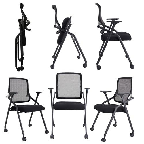 Updated Conference Room Chairs, Folding Office Desk Chair with Lumbar Support and Sliding Armrest with Casters, Stackable Office Guest Chairs & Reception Chairs, 6 Pack Black - color: Black, size: 6 Pack