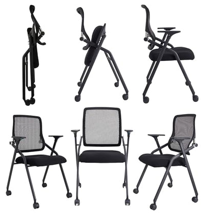 Updated Conference Room Chairs, Folding Office Desk Chair with Lumbar Support and Sliding Armrest with Casters, Stackable Office Guest Chairs & Reception Chairs, 6 Pack Black - color: Black, size: 6 Pack