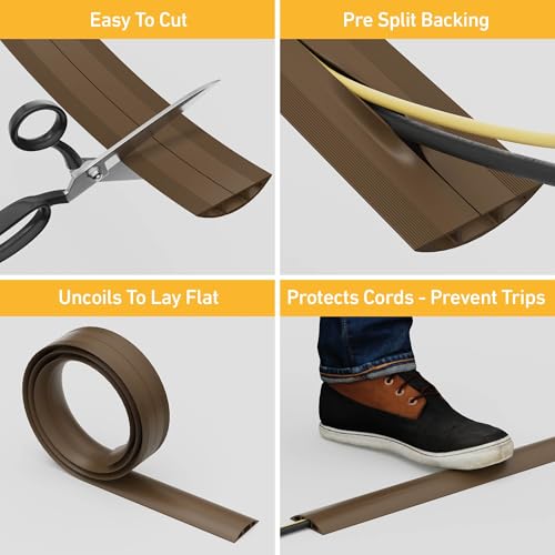 D-Line 30ft Floor Cord Cover, Floor Cable Protector, Extension Cord Cover, Protect Wires & Prevent Cable Trips, Cable Management Solution - Cord Cavity = 0.63" (W) x 0.31" (H) - Brown - color: Brown, size: 30 Feet