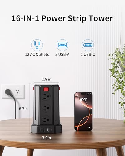 Power Strip 6.5 Ft Extension Cord with 12 AC Multiple Outlets 4 USB (1 USB C), SMALLRT Power Strip Tower Desktop Charging Station for Home Office College Dorm Essentials - color: Black, size: 6.5 ft