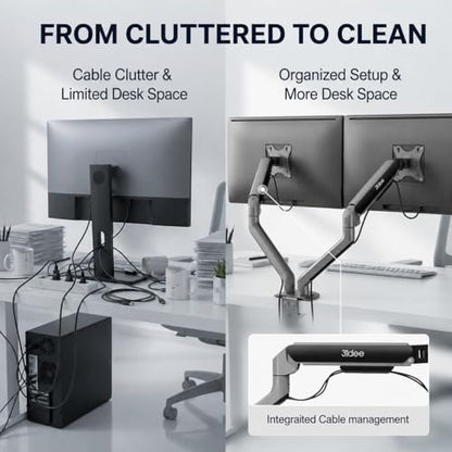3IDEE FlexiLite Dual Monitor Arm Desk Mount for 17-32" Screens, Holds up to 20 lbs per Monitor, Slim Aluminium Design, Fully Adjustable, Quick Box to Desk Setup, Clamp/Grommet Base, VESA 75/100 - size: 2 Monitore