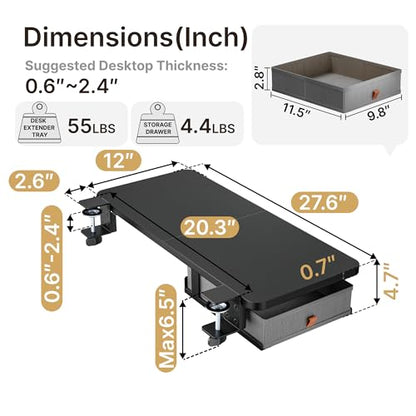 PEGZONE Desk Extender Tray, 28" x 12", with Storage Drawer, Large, Black - color: Black, size: Large