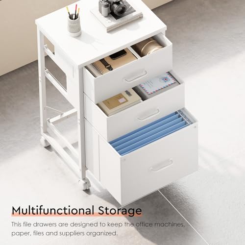 Maihail 3 Drawer File Cabinet with Wheels with Open Storage Shelf, White | Rolling Printer Stand Fabric Lateral Filing Cabinet for Home Office - color: White