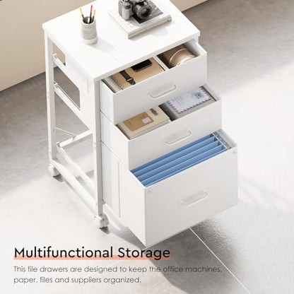 Maihail 3 Drawer File Cabinet with Wheels with Open Storage Shelf, White | Rolling Printer Stand Fabric Lateral Filing Cabinet for Home Office - color: White