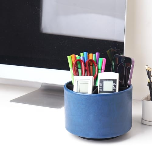Round Leather Art Supply Organizer,Remote Control Holder,360 Degree Spinning,Multi-Functional Pencil Holder,4 Compartments Desktop Stationary Organizer(1-Oil Blue2) - color: 1-Oil Blue2