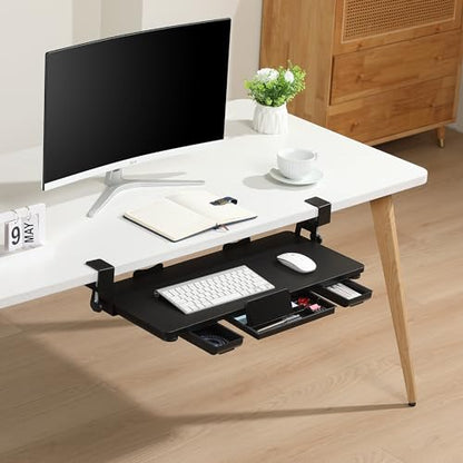 Keyboard Tray Under Desk with Drawer,26.77" X 11.81" Keyboard Tray Large Size with C Clamp-on Mount, Easy to Install, Save Space for Office Desk (Black) - color: Black
