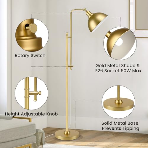 PARTPHONER Industrial Floor Lamp Adjustable, Rustic Farmhouse Reading Lamp in Aged Gold Finish, Modern Standing Lamp with Remote Control Metal Shade for Living Room Bedroom Study Room Office Hotel - color: Gold