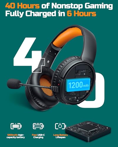 BINNUNE Wireless Gaming Headset — 2.4GHz Low-Latency USB Dongle + Bluetooth, 50mm Drivers 7.1 Surround, Noise-Cancelling Mic, 40H Battery — Over Ear Wireless Headphones for PS5, PC, Laptop, Orange - color: Orange