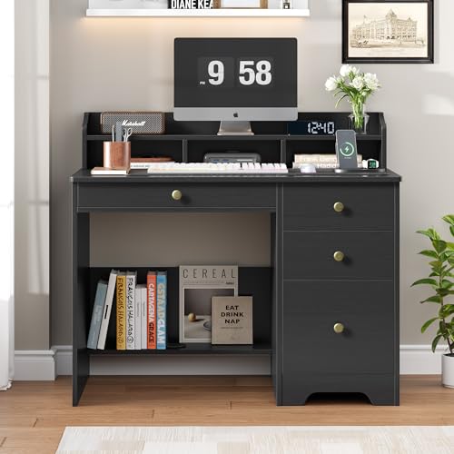 TTVIEW Computer Desk with Drawers and Hutch Shelf, Wood Executive Desk Writing Study Table with 43” Wide Tabletop, Small Desk with File Drawer for Home Office Bedroom, Black - color: Black