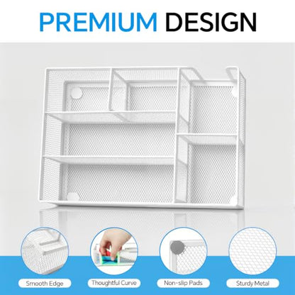 Desk Drawer Organizer, Office Drawer Divider Organizer Tray with 6 Compartments, Metal Mesh Desktop Organization and Accessories for Stationery Makeup Kitchen Toolroom School ＆ Office (Large-White) - size: Large-White