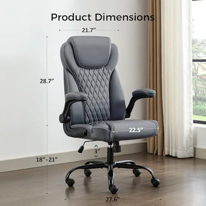amseatec Big and Tall Office Chair, Flip-Up, Executive Desk Chair, Grey | Ergonomic Leather High Back, Lumbar Support, 90 °Lock, 115° Tilt, 20 Spring Packs, 300lbs Capacity, Wide Seat/Smooth Casters - color: Grey