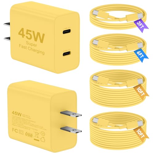 Super Fast Samsung Charger Type C, 2 Pack 45W Dual Port USB C Fast Charger - color: Yellow, size: 2pack-(3+6+10+10)ft