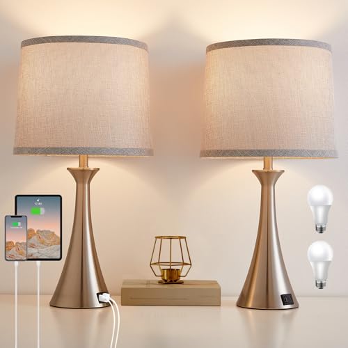 Touch Table Lamps Set of 2, 21" Bedside Lamps with USB C+A, Silver | 3 Way Dimmable Nightstand Lamps with Linen Shades, 2 LED Bulbs Included, Touch Lamp for Living Room, Bedroom and End Tables - color: Silver 2pcs