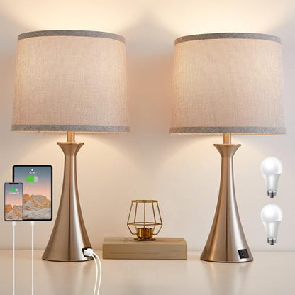 Touch Table Lamps Set of 2, 21" Bedside Lamps with USB C+A, Silver | 3 Way Dimmable Nightstand Lamps with Linen Shades, 2 LED Bulbs Included, Touch Lamp for Living Room, Bedroom and End Tables - color: Silver 2pcs