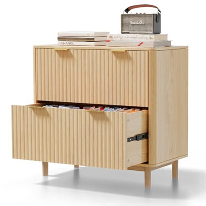 Bonnlo 2 Drawer File Cabinet, Home Office Filing Organizer, for Letter Legal A4 Size File Folder Storage, Modern Style Fluted Design, Wood Lateral Filing Cabinet, Printer Stand, Archivador, Oak