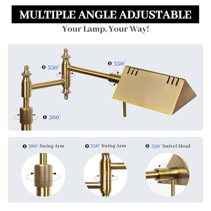 Bairth Gold Reading Floor Lamp, Dimmable Pharmacy Standing Lamp with Remote | 3 Color Temperature, Dimmable, 17W LED, Height Adjustable, 360°Swing Arm, for Living Room, Bedroom, Office, Craft & Sewing - color: Antique Brass