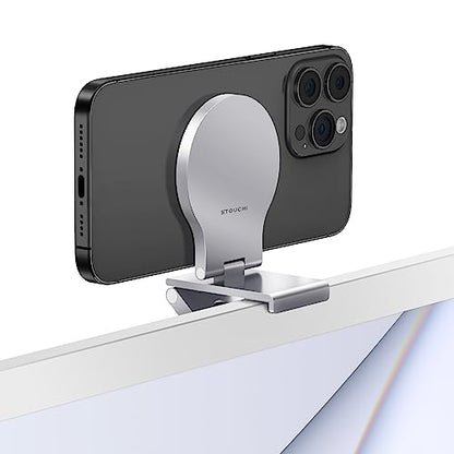 Stouchi Mag-Safe Continuity Camera Mount for Desktop Monitor | Adjustable Aluminum iPhone Webcam Mount for iMac, Apple TV 4K & Mac Displays | Compatible with 1/4" Tripod Screw - color: Silver