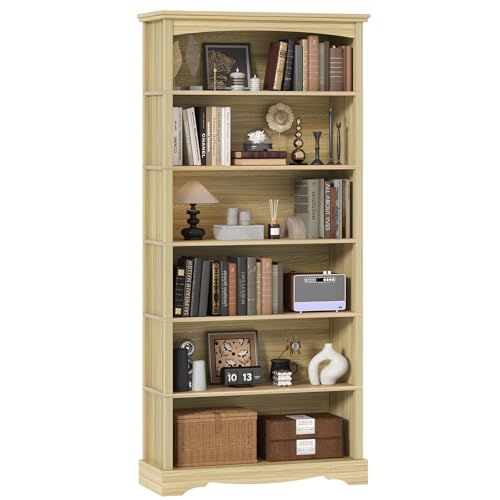 TVU 6-Tier Wooden Bookshelf, 76 Inch Tall Bookshelf with Storage, Floor Standing Modern Style Display Bookcase for Living Room, Office, Study Room, Entryway, Natural Wood Color - color: Natural Wood Color, size: 6 Tier
