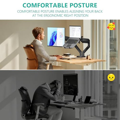 WALI Laptop Desk Mount, Dual Monitor Arm with Laptop Holder, Adjustable Height Laptop Arm Mount for Desk, Fits 17” Notebook and 32” Monitors, Up to 22Lbs (GSMP002LP), Black | Dual Monitor Arm with Laptop Holder, Adjustable Height Laptop Arm mount for Desk