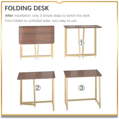 4NM 23.6" Mobile Small Folding Desk, Foldable Rolling Computer Home Office Desk, Study Writing Table for Small Space Saving Bedroom, with Wheels - Brown and Gold - color: Brown and Golden, size: 23.6"W x 15.7"D