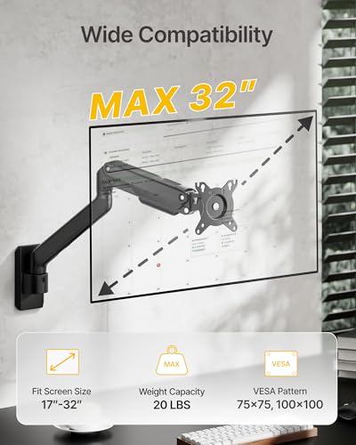 monTEK Single Monitor Wall Mount, Wobble-Free Spring, 17–32" Full Motion | Zero Clearance Wall Mount Retracts To 3.8" From Wall, Wobble-Free Mechanical Spring, Fits Wood, Brick & Concrete Walls - size: Single Arm