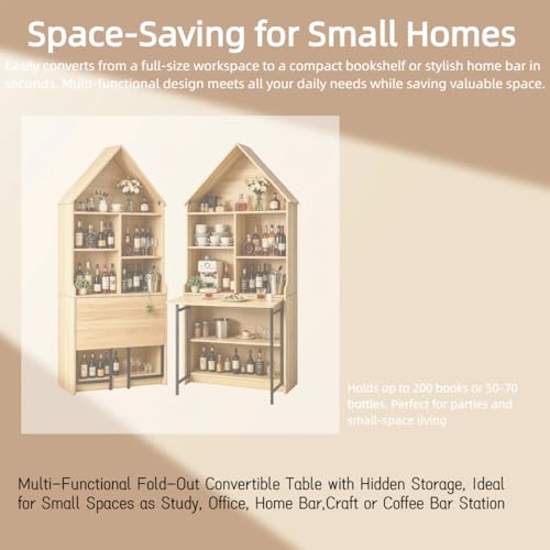 73.22" Folding Craft Desk with Storage Shelves & Hideaway Bookshelf, Wood - color: Brown, size: 31.5"L x 11.42"W x 73.22"H