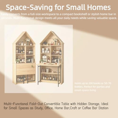 73.22" Folding Craft Desk with Storage Shelves & Hideaway Bookshelf, Wood - color: Brown, size: 31.5"L x 11.42"W x 73.22"H