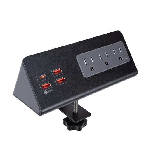 Desk Clamp Power Strip, Desktop Mount Charging Station with 15A 1875W 3 AC Outlets, 3 USB A, 1 PD 20W USB C Ports, SurgeProtector NightstandEdge Mount 6.5ft Extension Cord (US Plug)