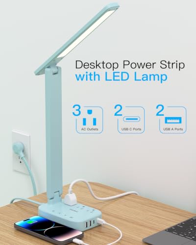 LED Desk Lamp, Power Strip with 4 USB 3 Outlets, Dorm Room Essentials, Blue - color: Blue, size: 5 Ft