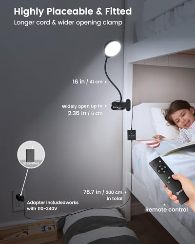 Glocusent 5W Desk Lamp with Remote, 3 Colors & 5 Brightness Reading Lights | Flexible Gooseneck Clip on Lamp, 30-Min Timer Reading Lamp, Perfect Clip on Light for Bunk,Bed,Headboard,Table,Work,Craft - color: Black with Remote