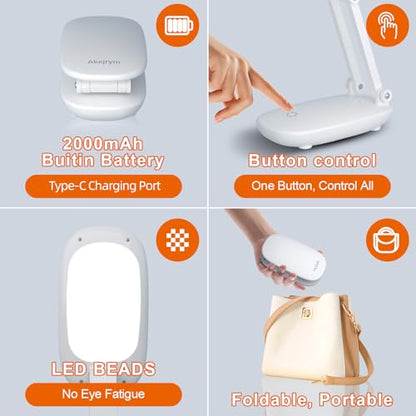 Akejrym LED Desk Lamp for Office Home & Battery Operated Lamp Rechargeable Lamp Foldable & Portable Light, [2-Fold Bracket] 3 Brightness Dimmable Small Desk Lamp Wireless Reading Lamp (White) - color: White