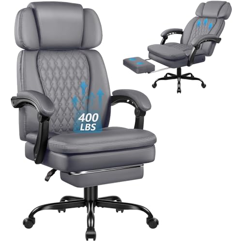 Office Chair with Foot Rest 400lbs, Heavy Duty Executive Leather Office Chair for Heavy People,Big and Tall High Back Ergonomic Comfy Office Desk Chair with Lumbar Support,Grey - color: Grey
