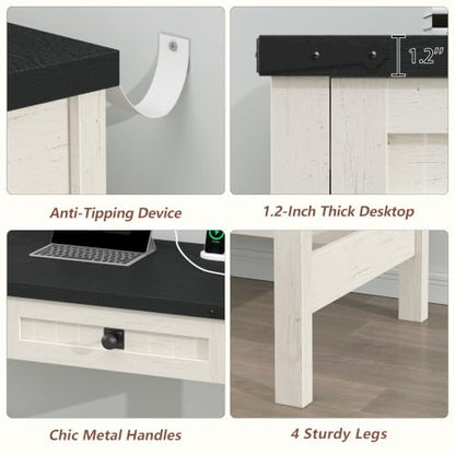39 Inch Farmhouse Small Computer Desk with Drawers for Bedroom, Home Office - color: Black and White