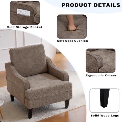 Set of 2 Accent Chair for Living Room,Mid-Century Arm Chair Chenille Fabric Living Room Chairs,Upholstered Reading Chair for Bedroom,Single Sofa Chair with Wood Legs for Apartment (Brown) - color: Brown