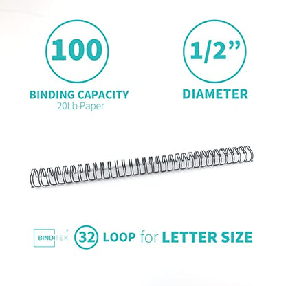 Binditek 100 Pack Double Loop Wire Binding Spines, 1/2Inch Binding Wire for Letter Size, 3:1 Pitch, 100 Sheet Capacity, 32-Loop, Black, for Students and Coworkers - size: 1/2 Inch (100 Sheet Capacity), style: 100P, 3:1 Pitch, Black