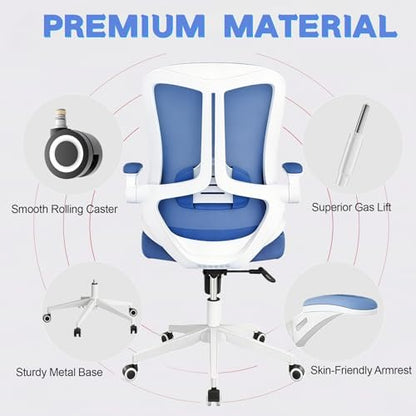Office Chair (02BLue) | Smooth-rolling casters, space-saving design, height adjustable, for home office and gaming, sturdy construction - color: 02blue