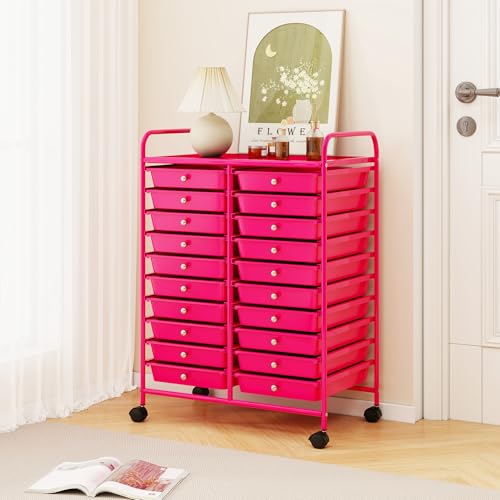 RELAX4LIFE 20-Drawer Rolling Storage Cart - Mobile Rolling Cart w/Drawers for School Classroom Teacher Office Home Salon, Paper File Art Supply Craft Organizer, Utility Cart on Wheels (Hot Pink) - color: Hot Pink, size: 35''