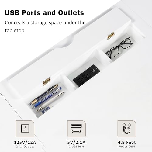 Executive Desk with Power Outlets & USB Charging Station, 67.7" Computer Desk with 3 Drawers & 2 Cabinets Glass Doors, Modern Wood Home Office Desk for Bedroom,Living Room,Study Room, White